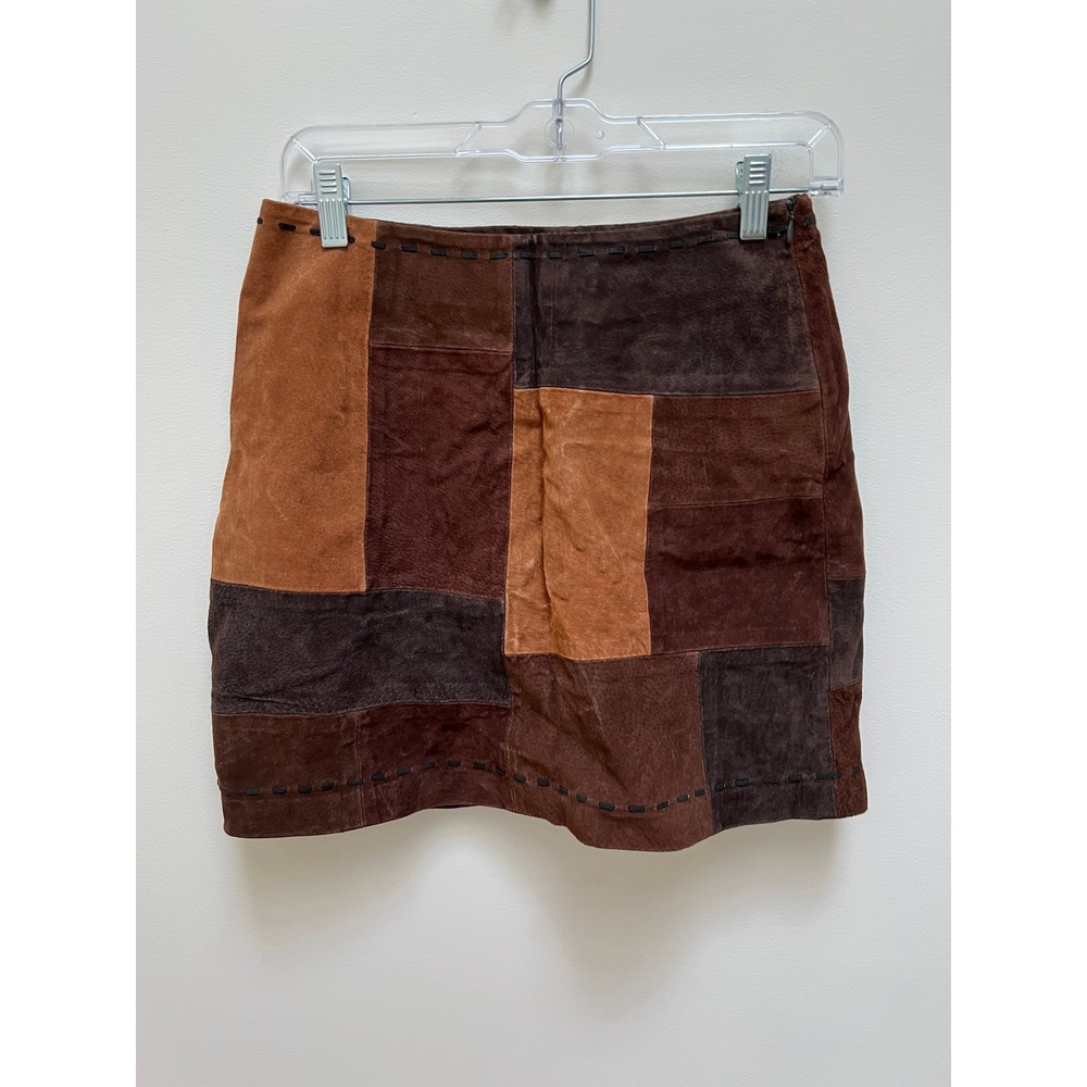 Skirt Women 4 Brown Patchwork Suede Mini Whipstitch Boho VTG Great Condition!